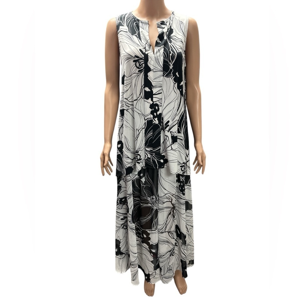 Worthington - EC - Floral Black and White Sleeveless Top & Maxi Skirt
